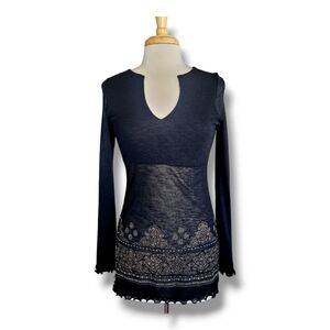 MCM Black/Tan Partially Sheer Long Sleeve Tunic with Décolleté Neckline. Size M